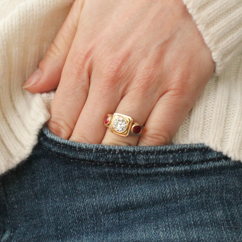 Vintage 1.27 Old Cut Diamond & Ruby Three Stone Ring, circa 1930 View VII