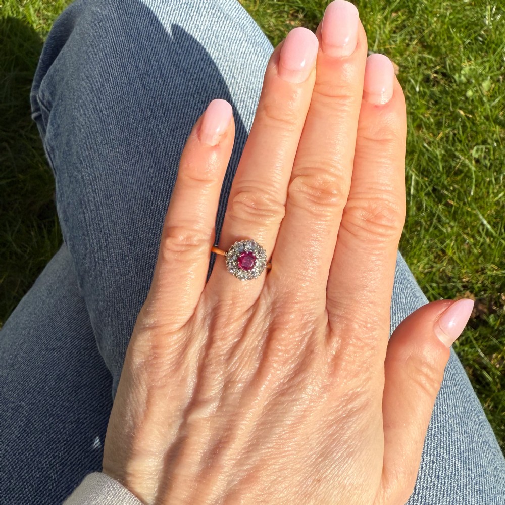 Antique 0.65 Carat Burmese Ruby & Diamond Cluster Ring, circa 1905 View VI