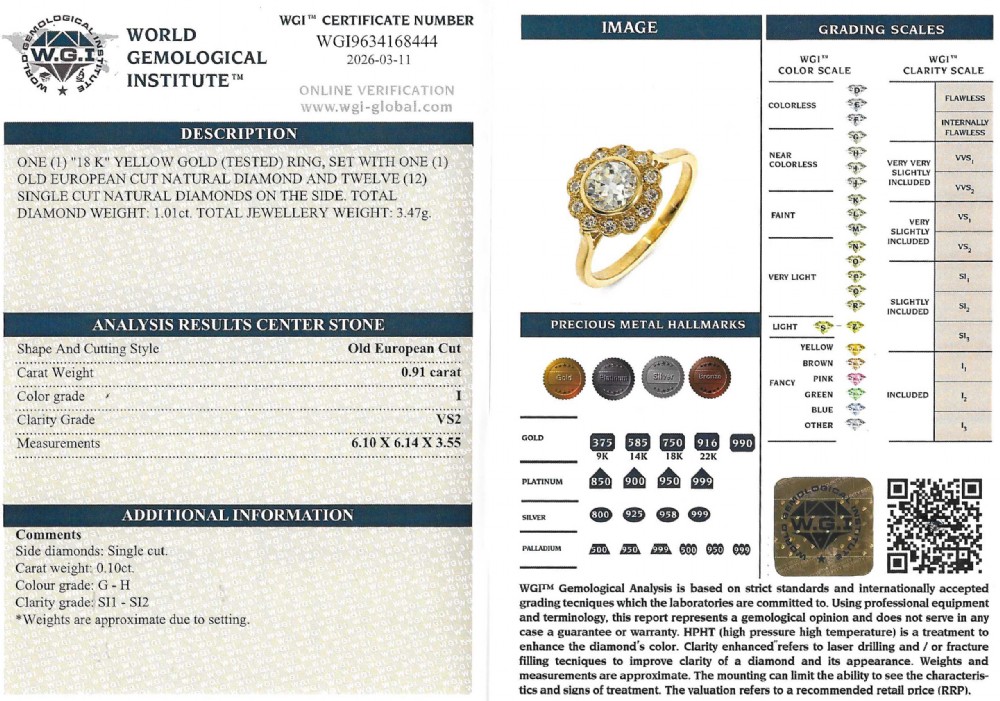 A yellow gold ring featuring a central old cut diamond in a bezel setting surrounded by a scalloped halo of smaller accent diamonds. View VIII