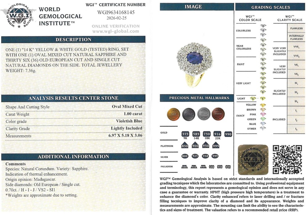 An oval blue sapphire surrounded by a double halo of diamonds set in a scalloped white metal mount on an engraved yellow gold band. View VIII