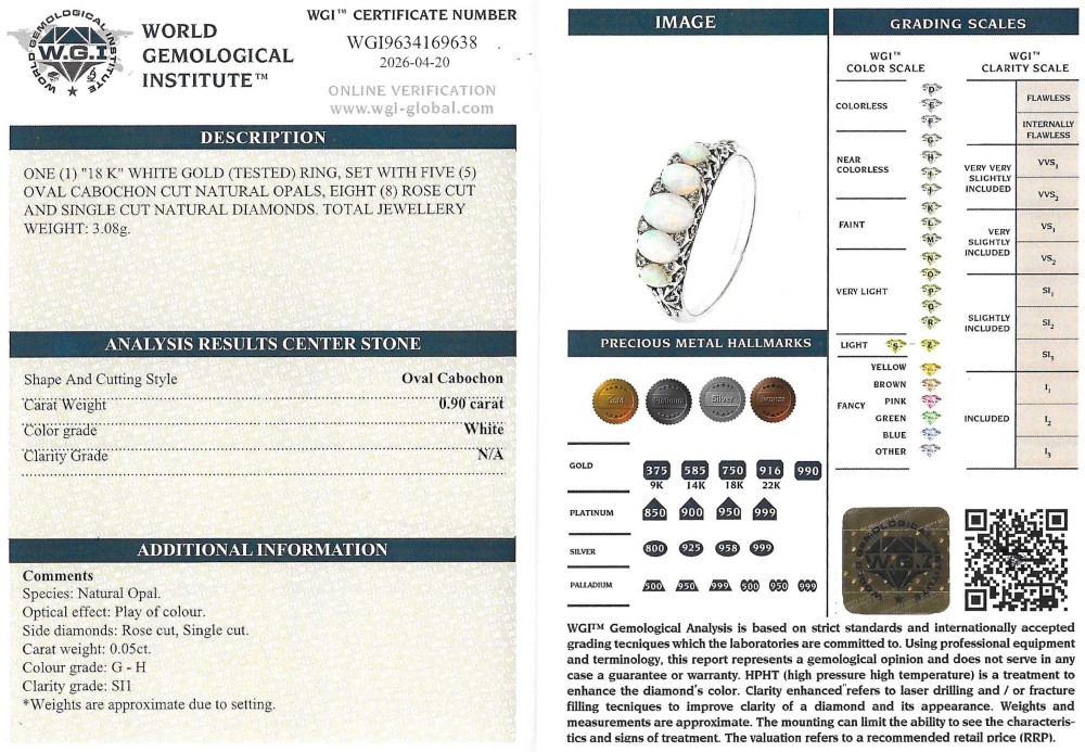 A white metal ring featuring five graduated oval cabochon opals set in a row across a decorative scrollwork setting. View VIII