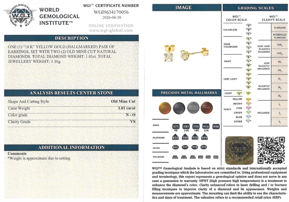 A pair of 18k yellow gold stud earrings featuring claw-set old mine cut diamonds. View VI