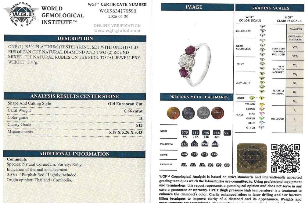 A white precious metal three-stone ring featuring a central round diamond flanked by two red rubies. View VIII