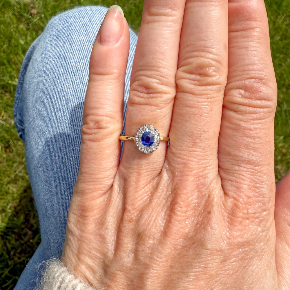 Antique 0.35 Carat Sapphire & Rose Cut Diamond Cluster Ring, circa 1890 View II