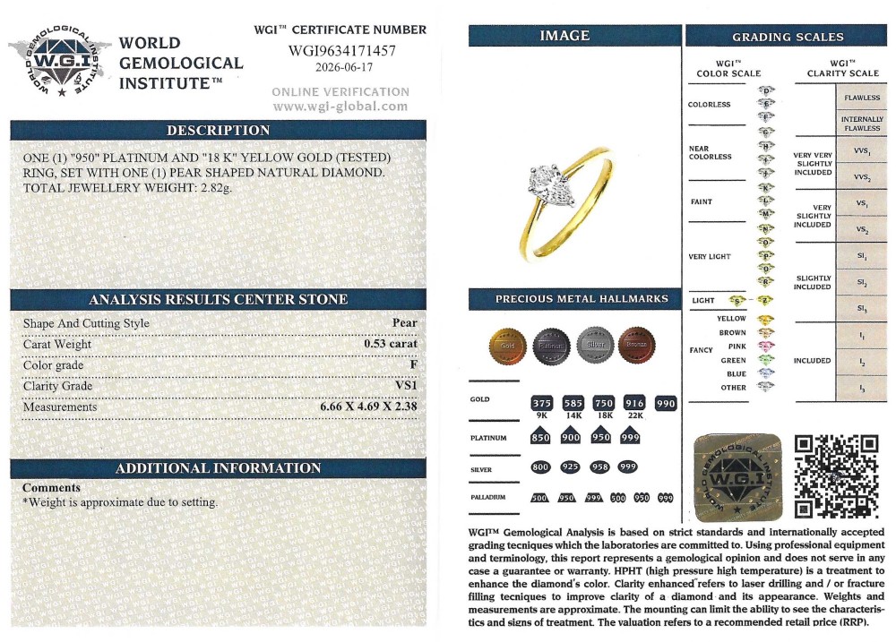 A vintage yellow gold solitaire ring featuring a single pear-cut diamond set within white metal claws. View VIII