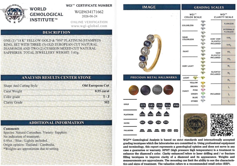 An antique yellow gold ring set with five alternating old cut diamonds and cushion-shaped blue sapphires featuring millegrain details. View VIII