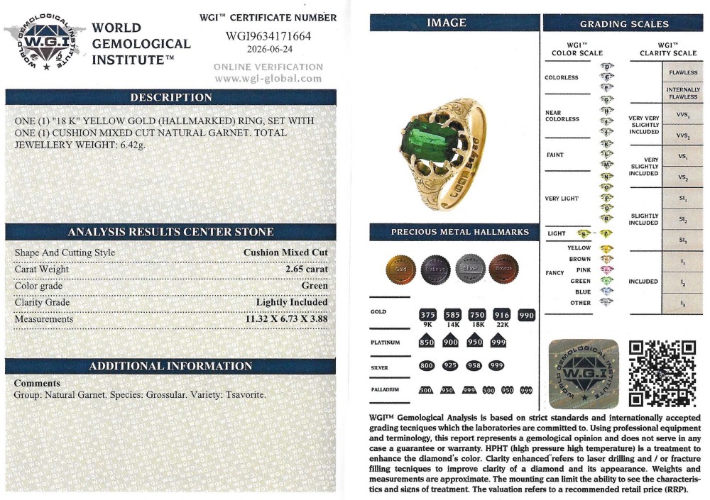 An antique gold ring featuring a cushion-cut green tsavorite garnet held in multi-claw settings with scroll-engraved shoulders. View VIII