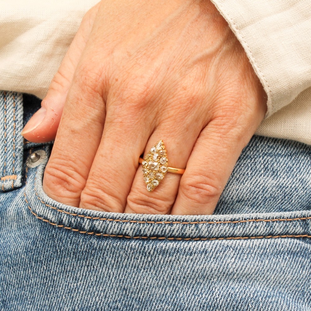 A Victorian yellow gold ring featuring a pointed marquise-shaped cluster set with multiple old-cut diamonds. View II
