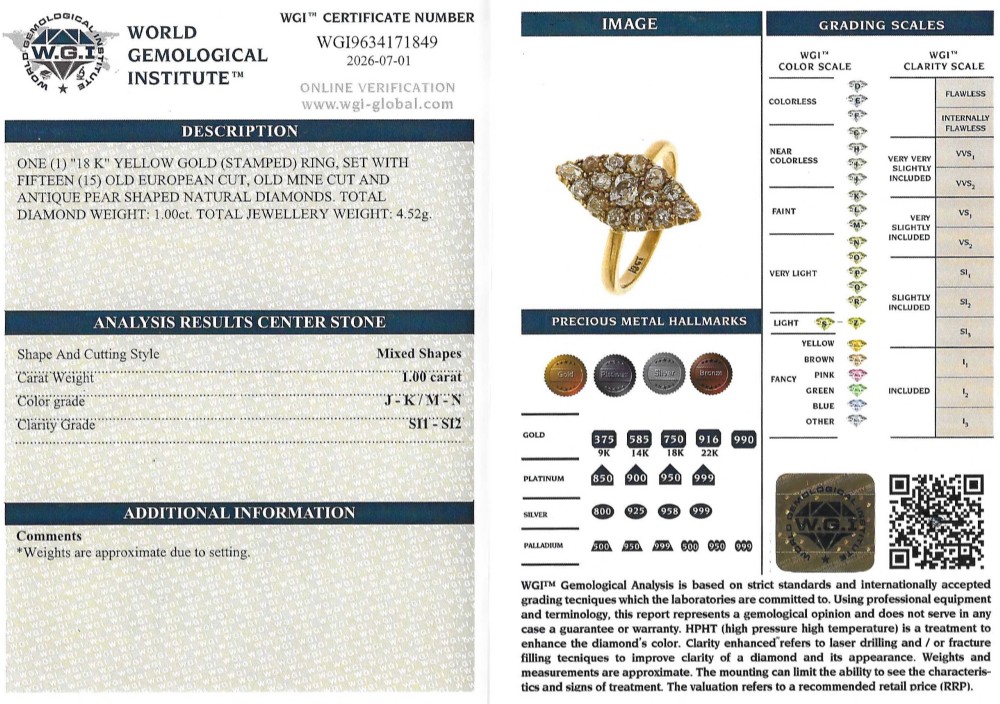 A Victorian yellow gold ring featuring a pointed marquise-shaped cluster set with multiple old-cut diamonds. View VIII