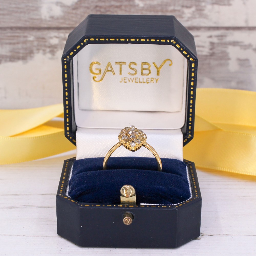 A Victorian yellow gold ring featuring a pointed marquise-shaped cluster set with multiple old-cut diamonds. View IX