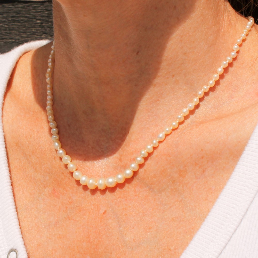 A single strand of vintage graduated cream saltwater pearls display strung on a neck display bust. View VII
