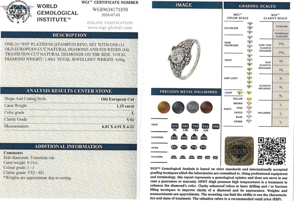An Art Deco platinum engagement ring featuring a central old European cut diamond set within intricate pierced filigree shoulders. View VIII