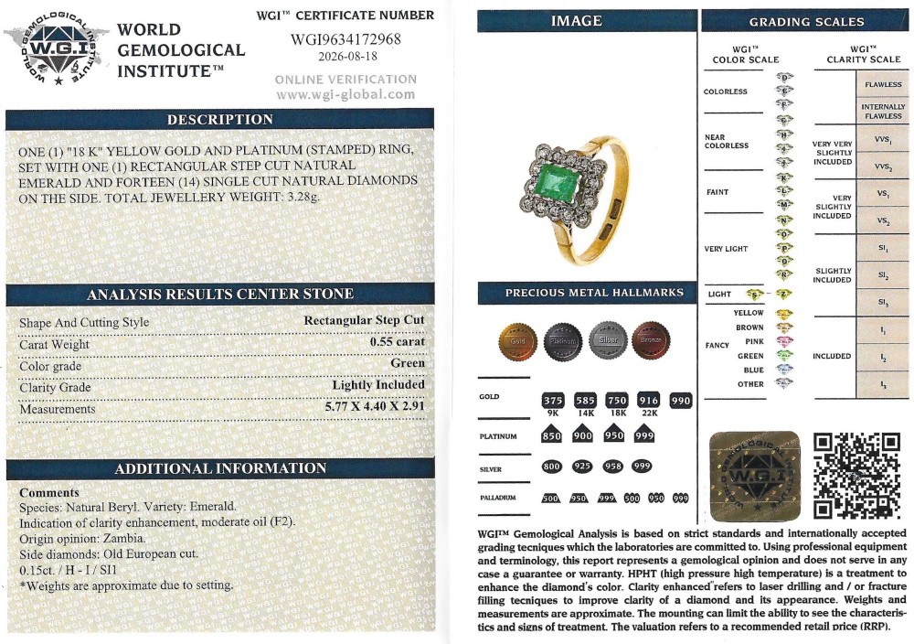 An antique yellow gold ring set with a rectangular central green emerald surrounded by a scalloped halo of small old cut diamonds. View VIII