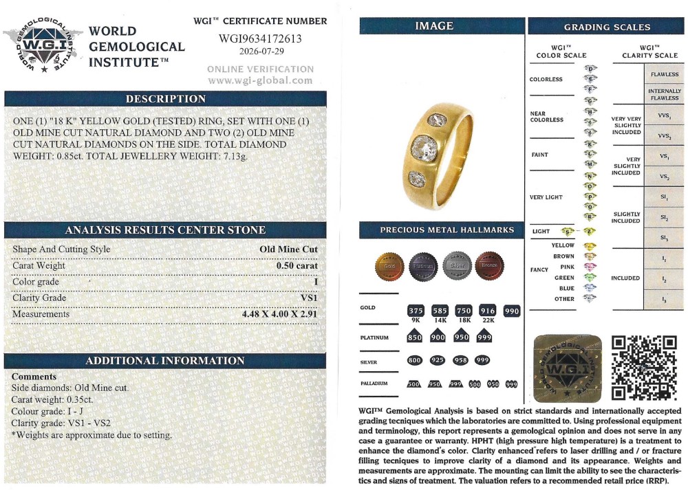 A smooth yellow gold wide band ring featuring three flush-set old cut diamonds across the front. View VIII