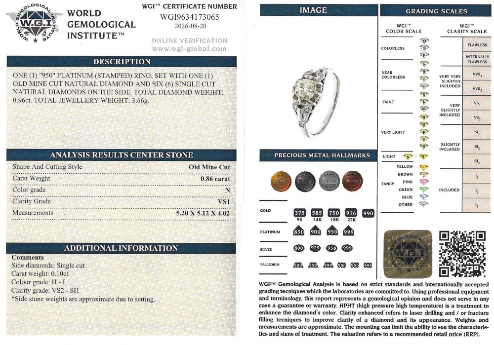 An Art Deco style white metal ring featuring a central old European cut diamond set in an ornate pierced basket setting. View VIII