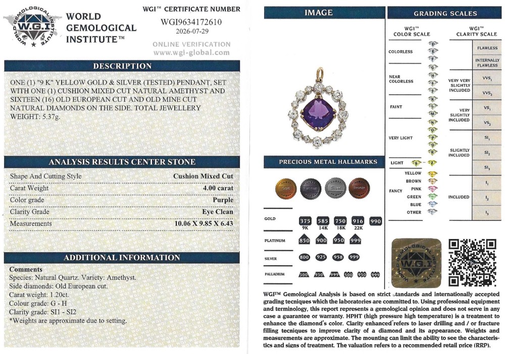 An antique yellow gold pendant featuring a central cushion-cut purple amethyst encircled by an openwork gold border and a halo of old-cut diamonds. View XII