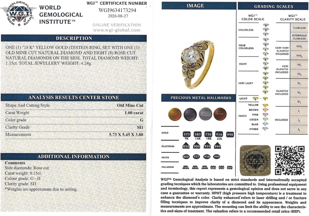 A Victorian yellow gold solitaire ring featuring a central old cut diamond surrounded by blue enamel scrollwork and accent diamonds. View VIII