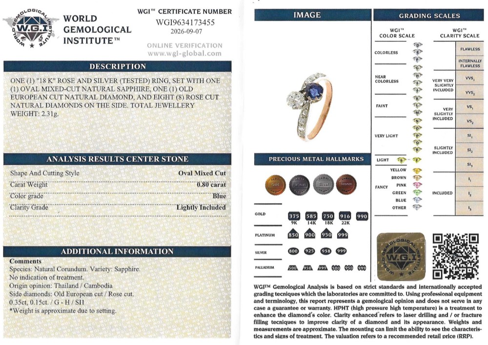 An antique Edwardian gold and platinum crossover ring set with a round blue sapphire and a diamond in a Moi et Toi design. View VIII