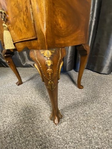 A matching pair of burr walnut bedside cabinets featuring gallery tops, twin doors, and carved cabriole legs ending in claw and ball feet. View III