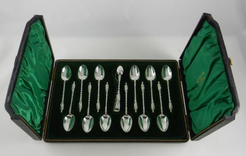Silver Apostle Spoons & Sugar Tongs.