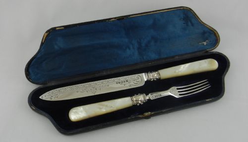Antique Silver Cake Knife & Fork.
