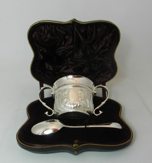 Antique Silver Porringer & Spoon.