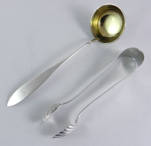 Antique Silver Sugar Tongs & Cream Ladle.