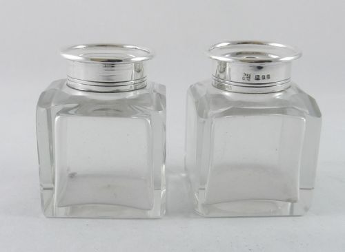 Silver Mounted Glass Ink Wells.