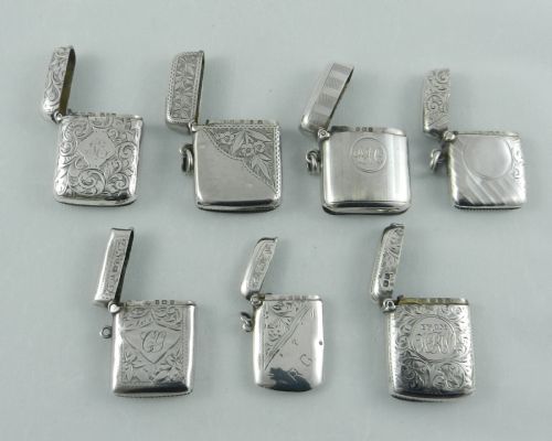 fig 1. Seven Antique Silver Vestas. 1895 to 1915