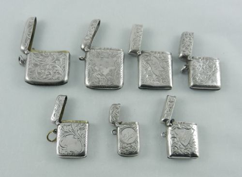 fig 1. Seven Antique Silver Vestas 1899 to 1908.