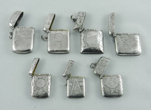 fig 1. Seven Antique Silver Vestas 1896 to 1919.