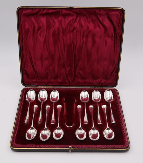 Antique Silver Tea Spoons & Tongs.
