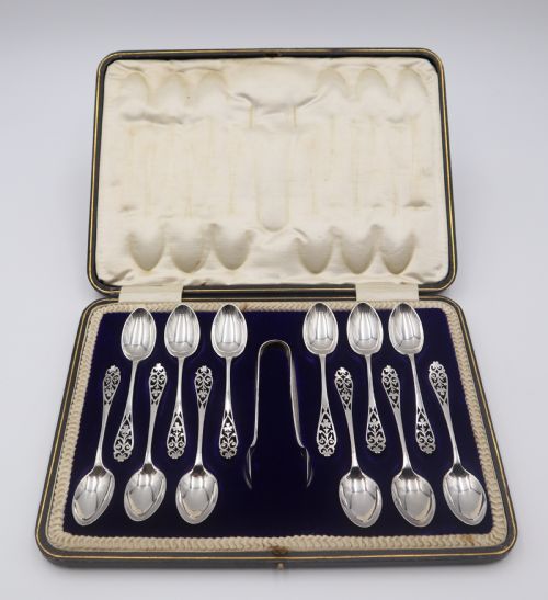 Antique Silver Spoons & Sugar Tongs.