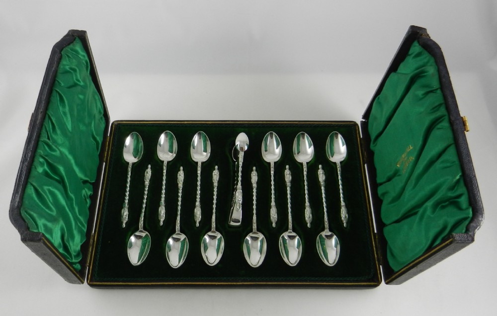 Silver Apostle Spoons & Sugar Tongs.