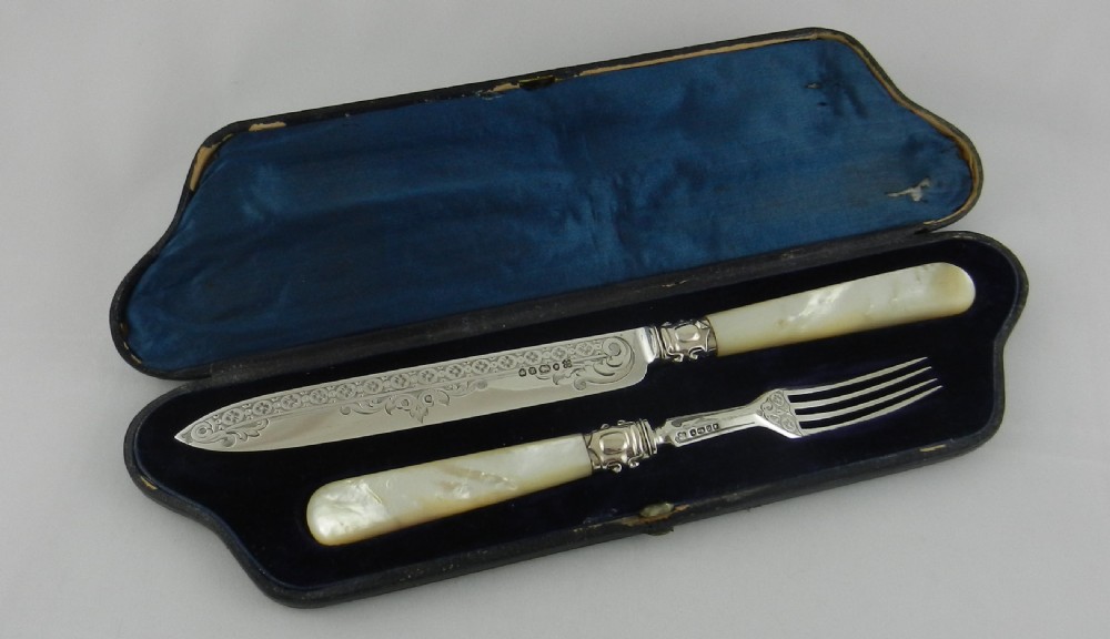 Antique Silver Cake Knife & Fork.