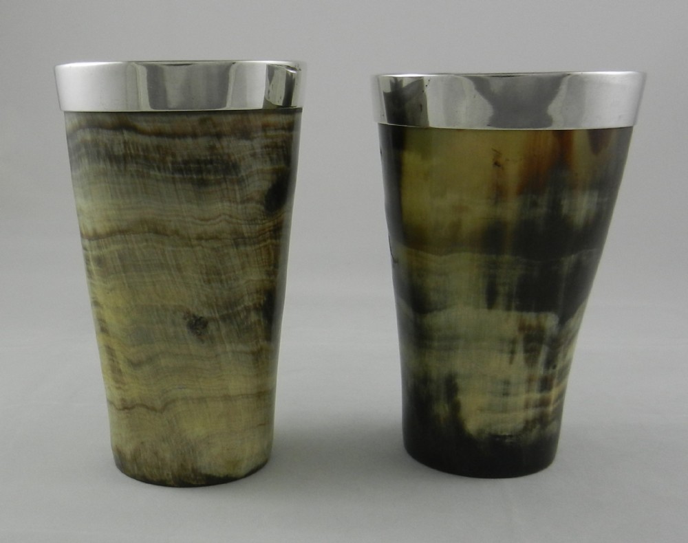 Pair Antique Silver Rimmed Horn Beakers.