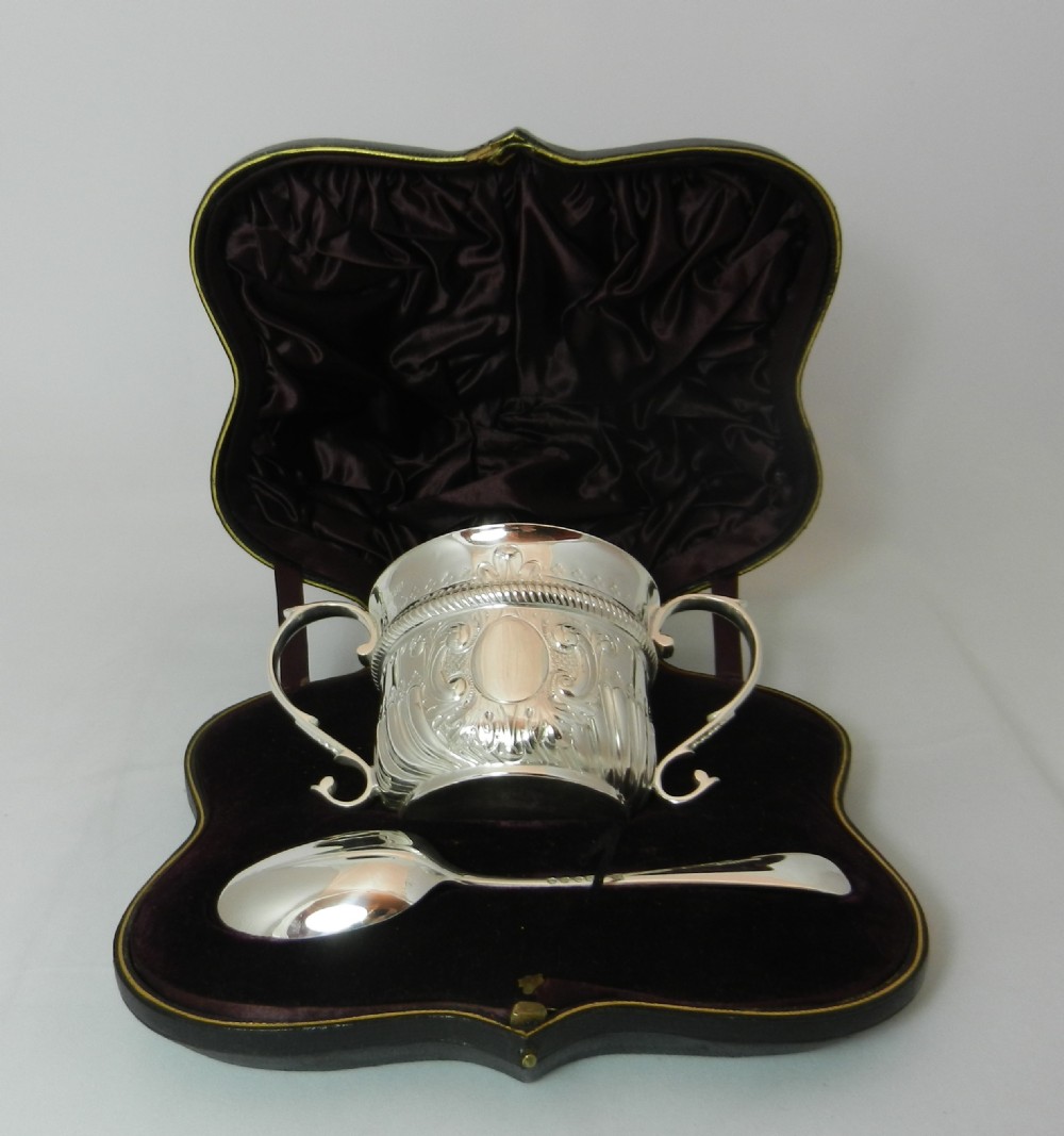 Antique Silver Porringer & Spoon.
