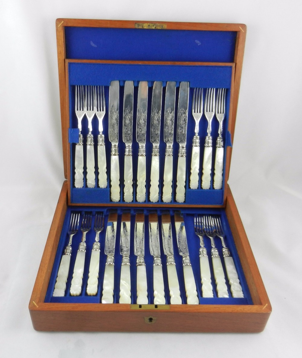Antique Silver & Mother of Pearl Dessert Cutlery.