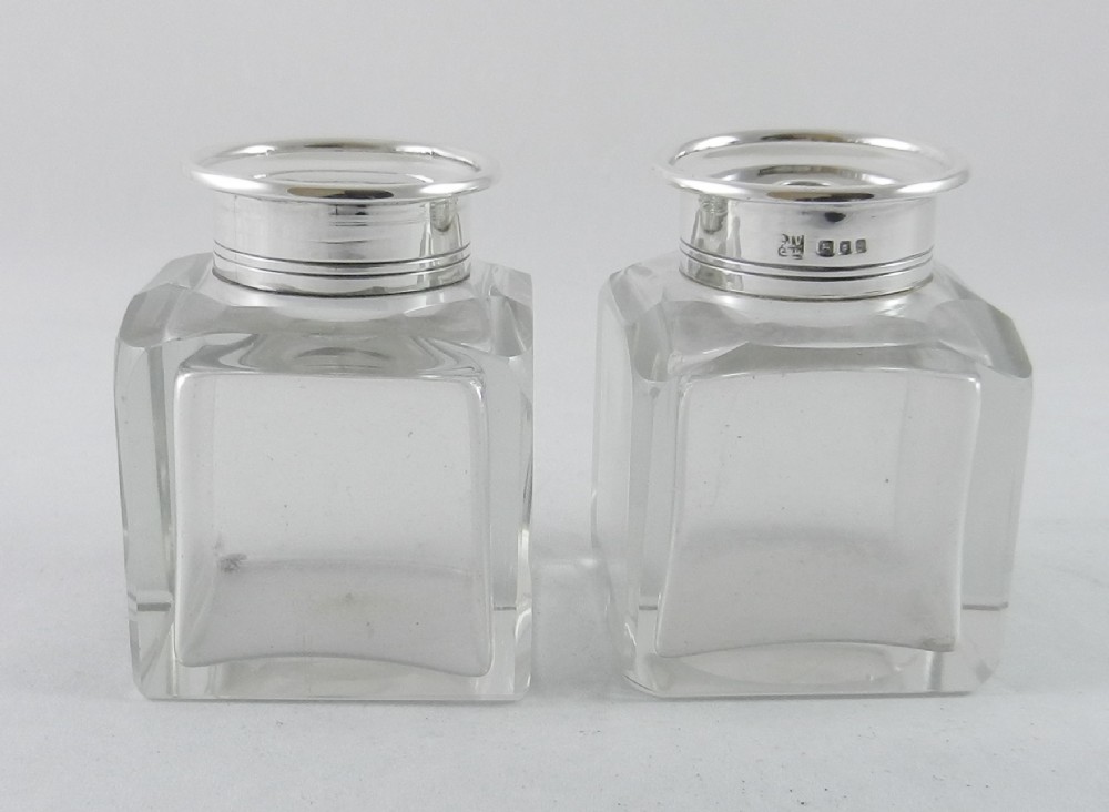 Silver Mounted Glass Ink Wells.