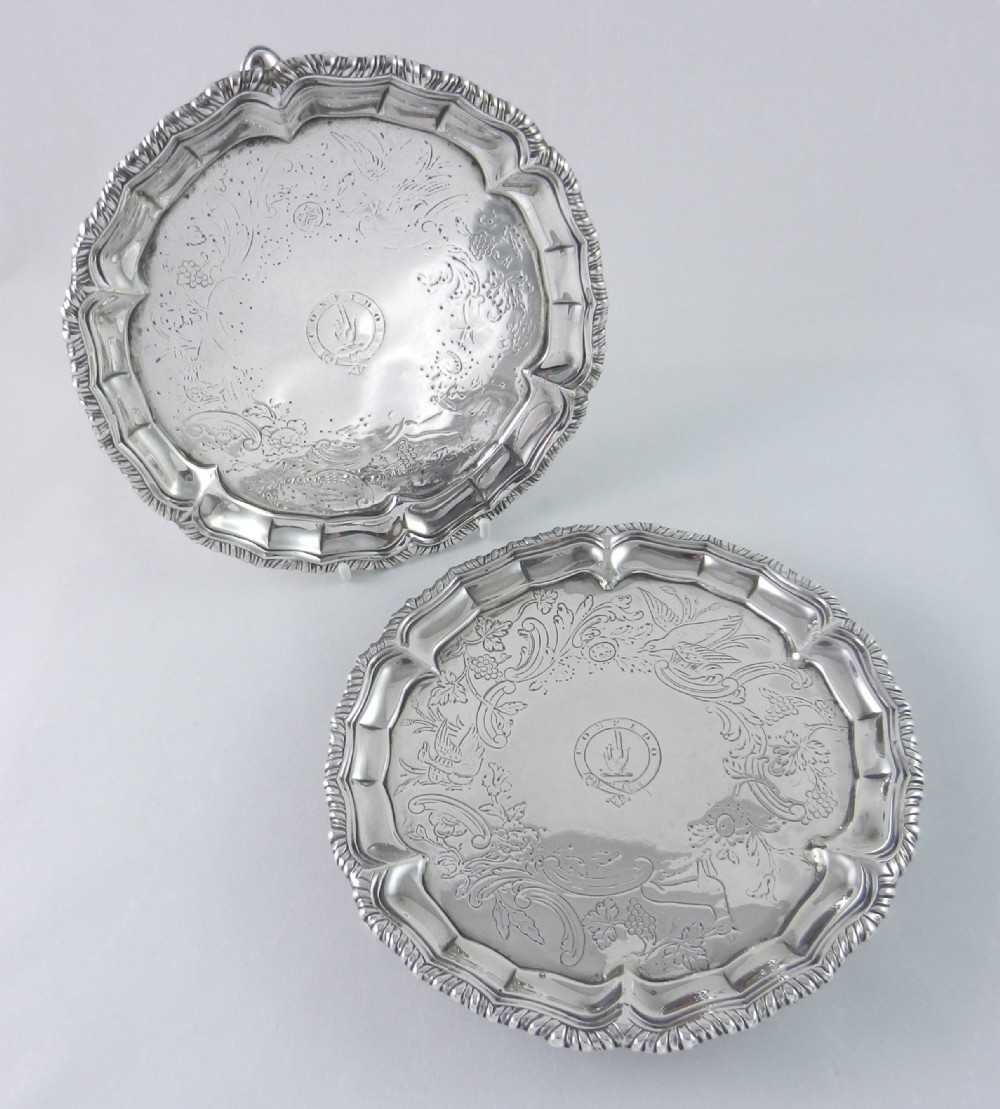 Pair Antique Irish Silver Salvers.