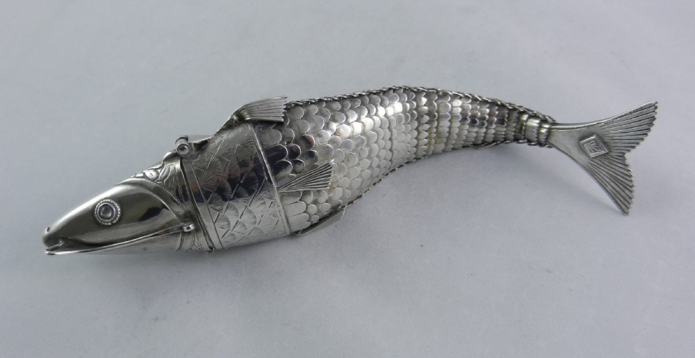 Antique Silver Fish Spice Box.