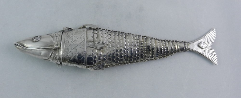 Antique Silver Fish Spice Box. View II