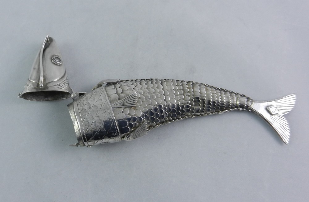 Antique Silver Fish Spice Box. View III