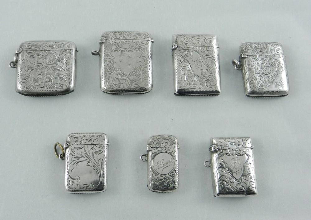 Seven Antique Silver Vestas 1899 to 1908.