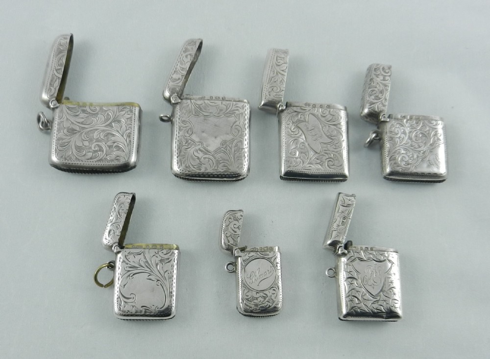 Seven Antique Silver Vestas 1899 to 1908. View II