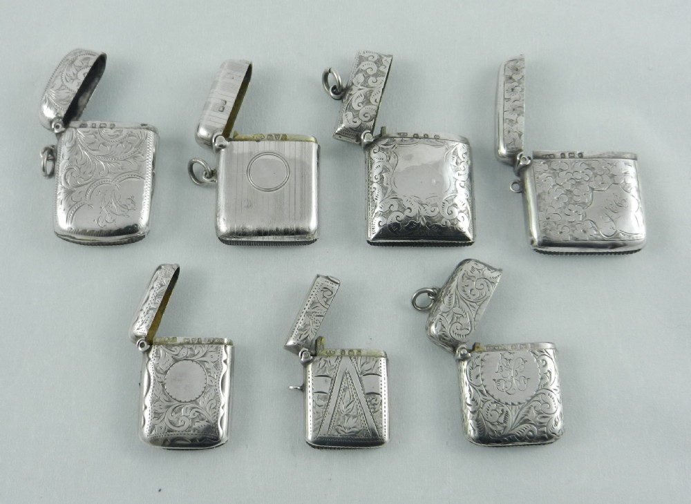 Seven Antique Silver Vestas 1896 to 1919. View II
