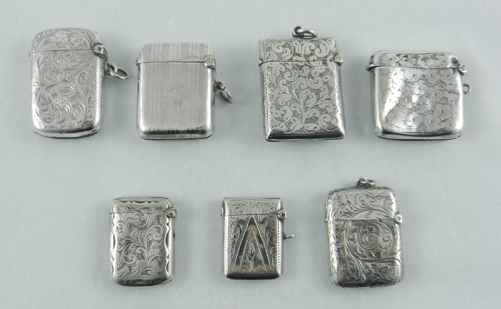 Seven Antique Silver Vestas 1896 to 1919. View III