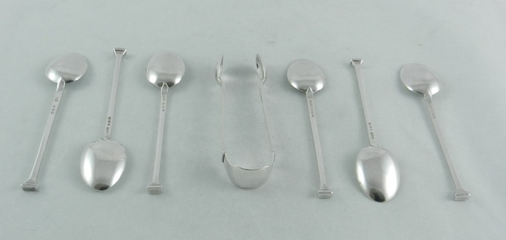 Cased Set of Silver Coffee Spoons & Tongs. View III