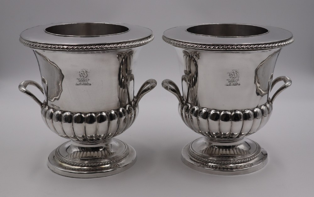 Pair Old Sheffield Plate Wine Coolers.