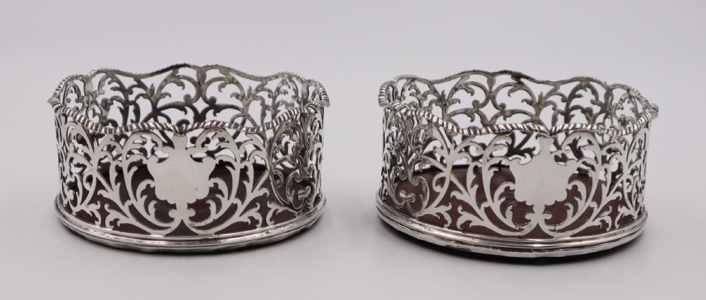 Pair Antique Silver Wine Coasters.